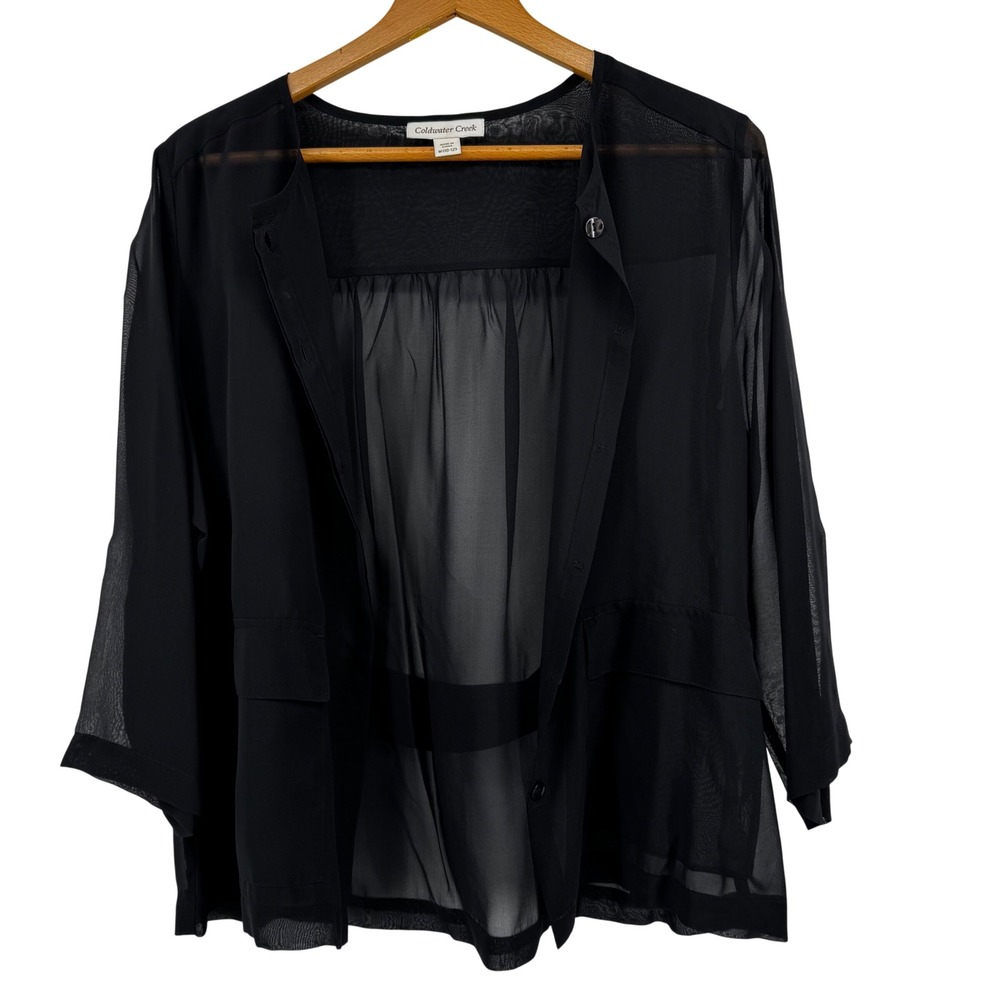 Coldwater Creek Womens Black 100% Silk Sheer Button Front Blouse Medium 10-12